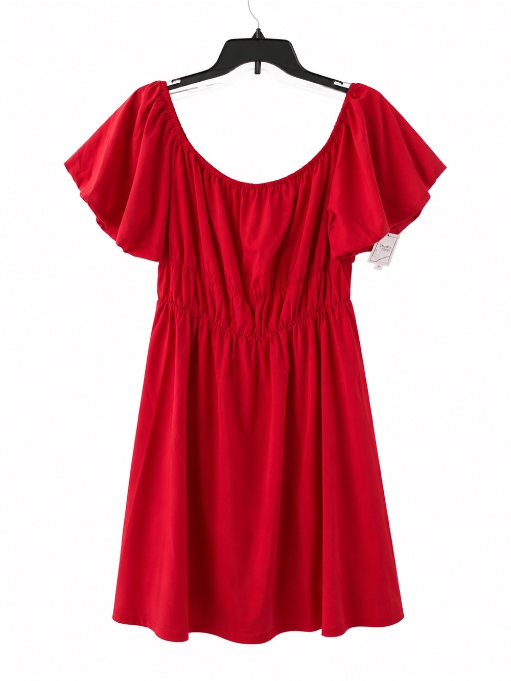 Women’s Red Elastic-Waist Midi Dress with Flutter Sleeves - Picture 2 of 3